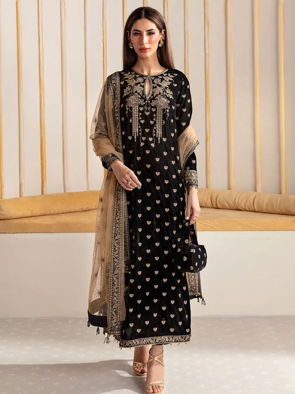 Handwork & Heavy Embroidered Black Velvet Wedding Dress With 4-Sided NET Embroidered Dupatta (Unstitched) (CHI-1153)