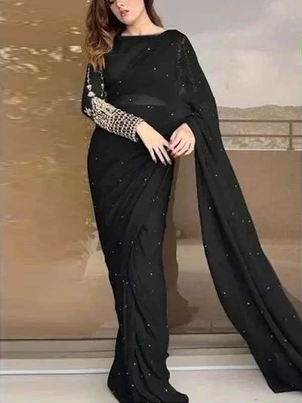 Stitched Chiffon Pearls Work Embroidered Saree (RM-173)