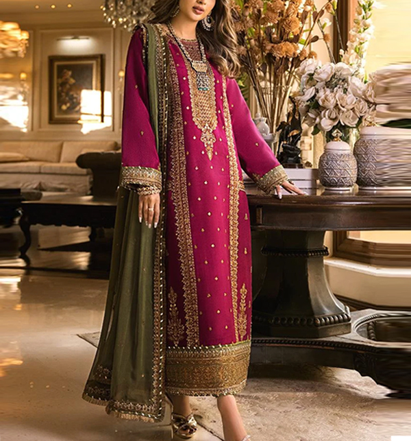 Heavy Embroidered Chiffon Dress With Laced EMB. Chiffon Dupatta (Unstitched) (CHI-871)