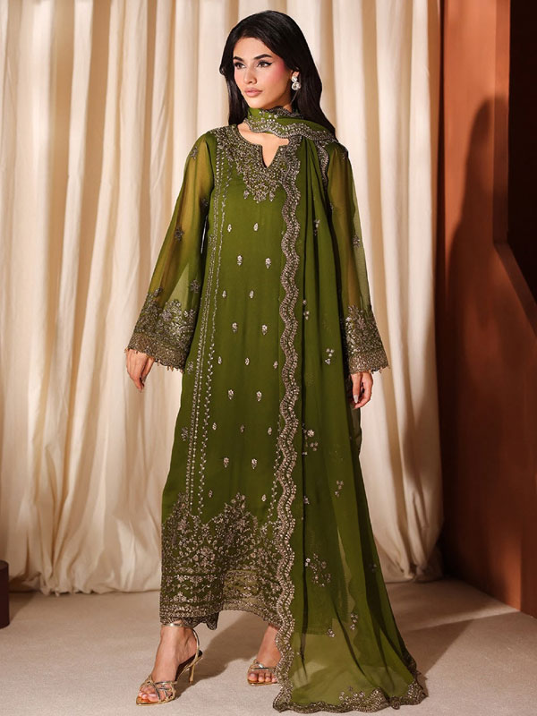 Heavy Embroidered Chiffon Party Dress With Embroidered Chiffon Dupatta (Unstitched) (CHI-1147)