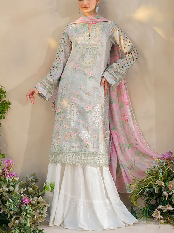 Heavy Embroidered Lawn Dress With Printed Chiffon Dupatta (Unstitched) (DRL-2010)