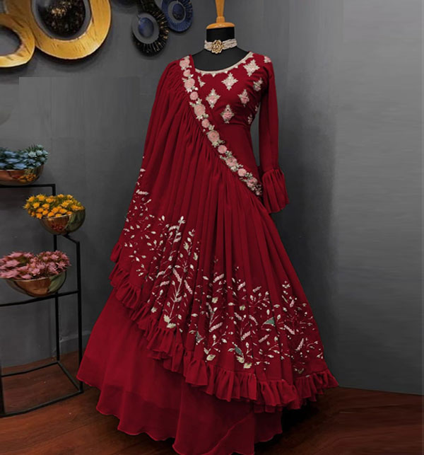 Heavy Embroidered Maroon Chiffon Mirror Work Maxi (RM-131)	