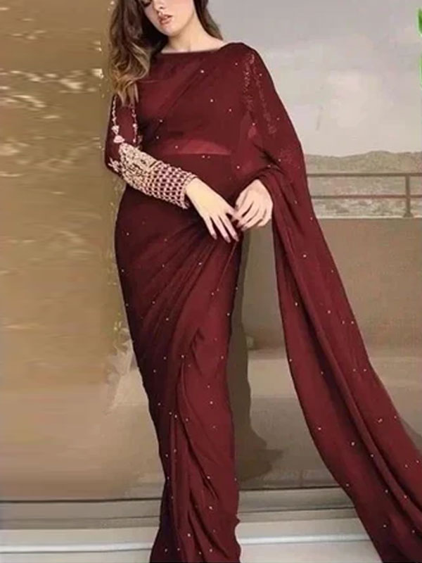 Heavy Embroidered Maroon Chiffon Pearl Work Stitched Saree (RM-175)	