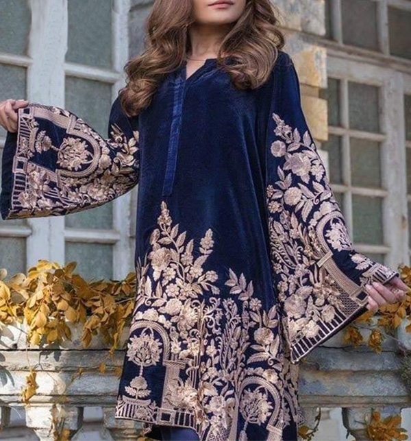 Velvet Heavy Embroidered Navy Blue Dress Unstitched (CHI-313)