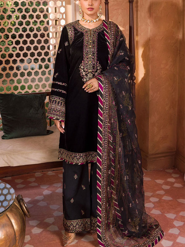 Heavy Embroidered Velvet Dress With Embroidered Organza Dupatta (Unstitched) (CHI-942)