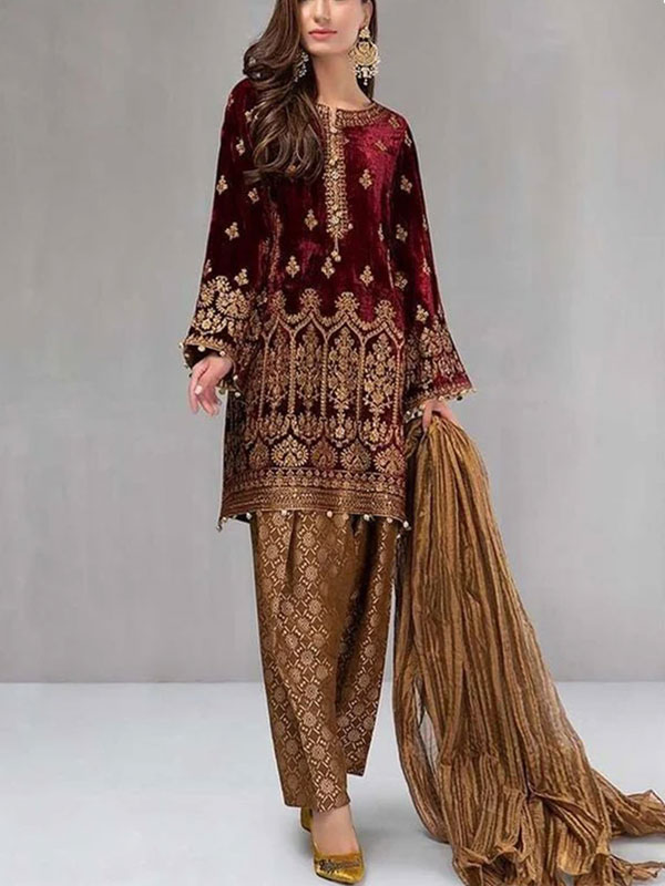 Velvet Heavy Embroidered Suit With Brosha Net Dupatta UnStitched (CHI-183)