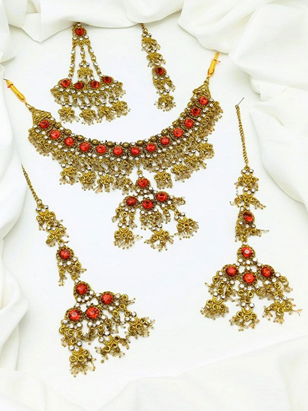 Indian Antique Wedding Necklace Set with Jhumar, Tika & Long Jhumka (ZV:28810)