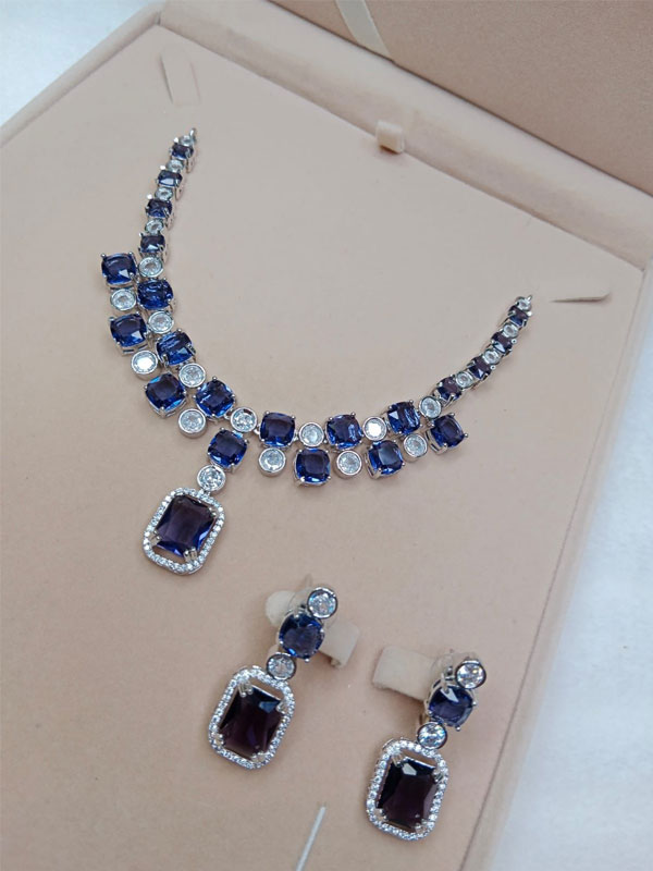 AD American Diamond Blue Necklace Set With Earrings