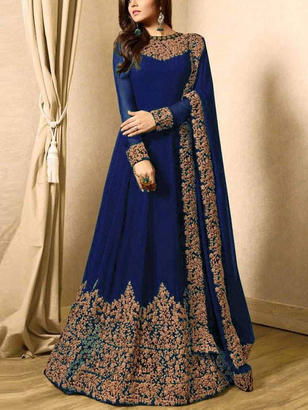 Indian Embroidered Navy Blue Chiffon Maxi Unstitched (CHI-168)