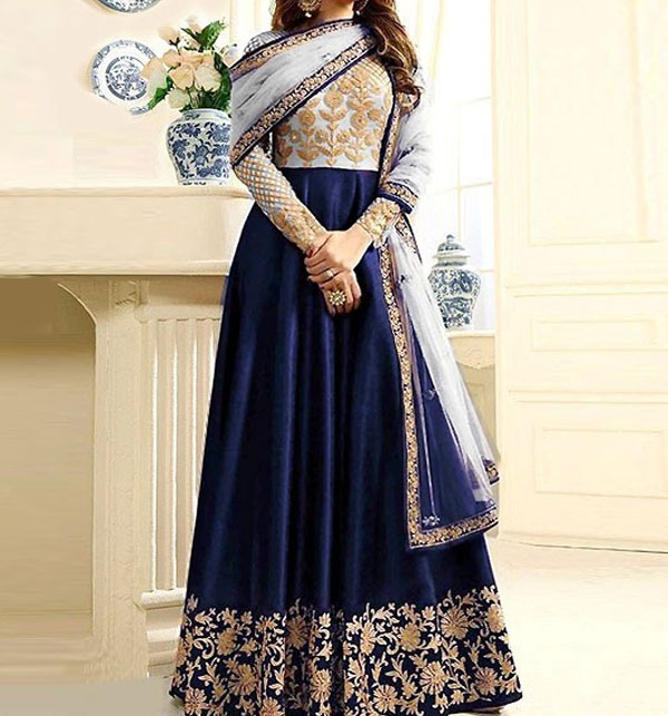 Indian Embroidered Navy Blue Chiffon Maxi Dress  (CHI-491)
