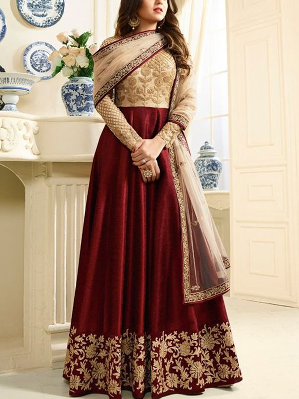 Chiffon Organza Embroidered Maroon Frock Dress Unstitched (CHI-373)