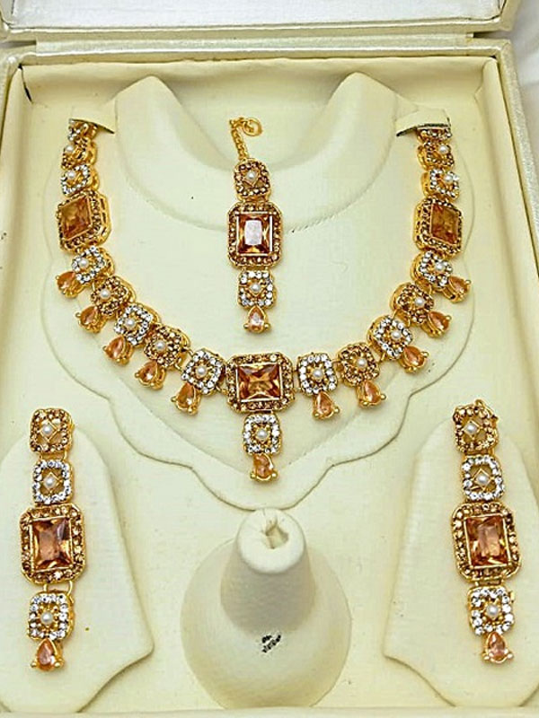 Indian Zircon Golden Necklace Set with Earrings & Bindia (ZV:30461)