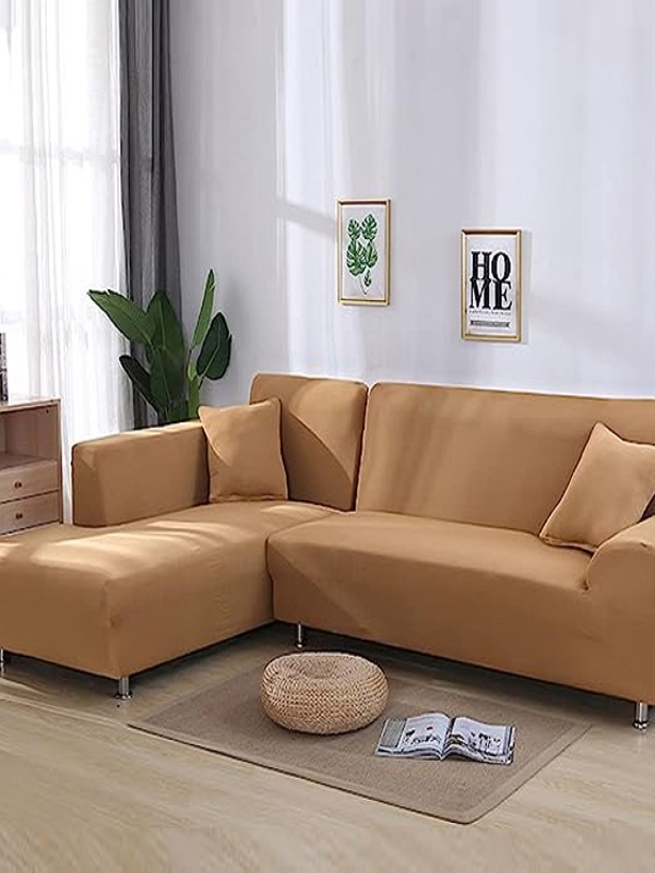 L-Shape Sofa Cover 6 Seater (3+3) Standard Size Stretchable Elastic Fitted Solid Color Jersey Cover - Chocolate