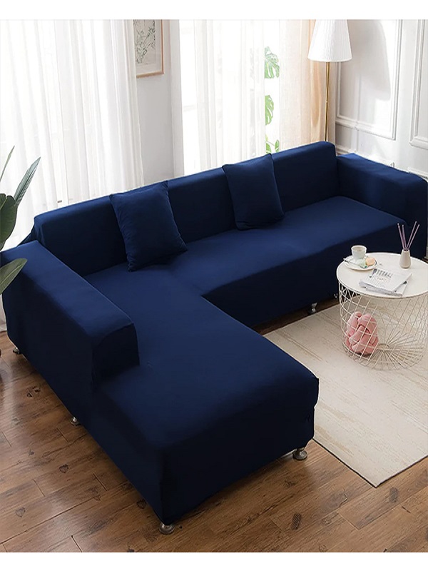 L-Shape Sofa Cover 6 Seater (3+3) Standard Size Stretchable Elastic Fitted Solid Color Jersey Cover - Dark Blue