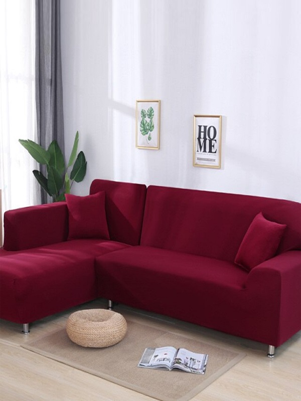 L-Shape Sofa Cover 6 Seater (3+3) Standard Size Stretchable Elastic Fitted Solid Color Jersey Cover - Maroon