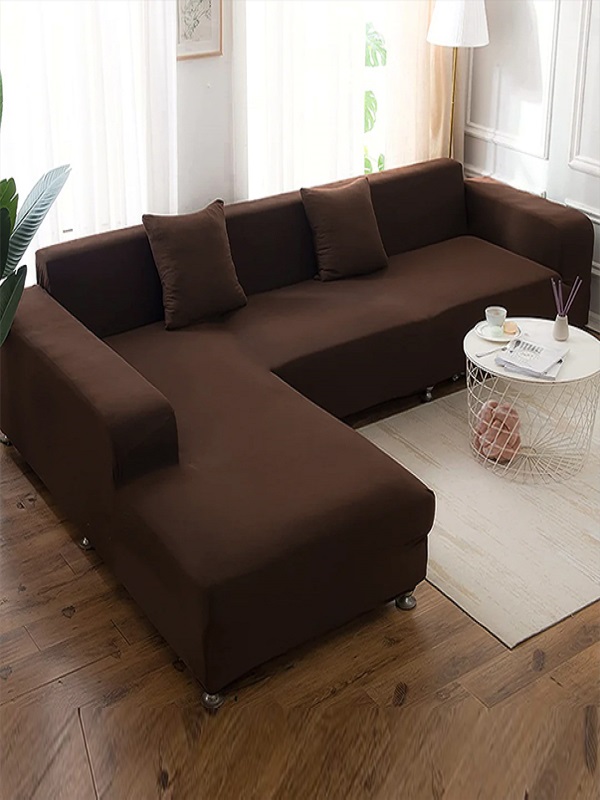 L-Shape Sofa Cover 7 Seater (4+3) Standard Size Stretchable Elastic Fitted Solid Color Jersey Cover - Brown