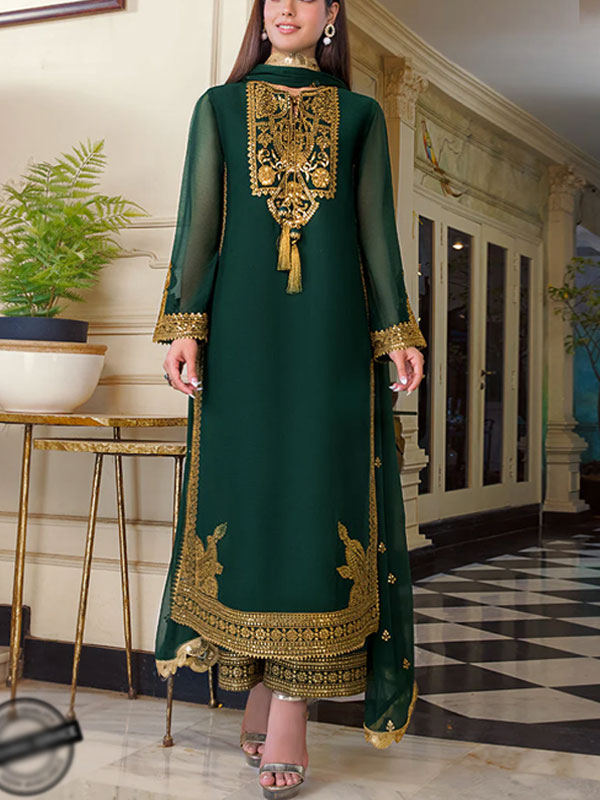 Chiffon Heavy Embroidered Dress With Chiffon Embroidered Dupatta Plain Trouser (UnStitched) (CHi-739)