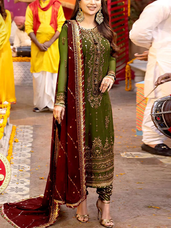 Latest Chiffon Heavy Embroidered Dress With Chiffon Embroidered Dupatta 3 Pec Suite (Unstitched) (CHI-947)