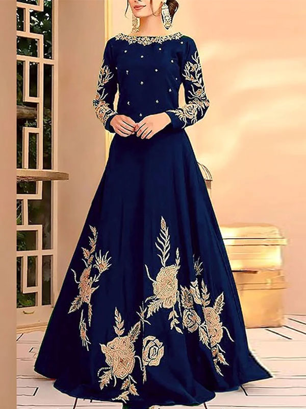 Stitched Raw Silk blue Heavy Full Embroidered Maxi (Length 52) (CHI-651)