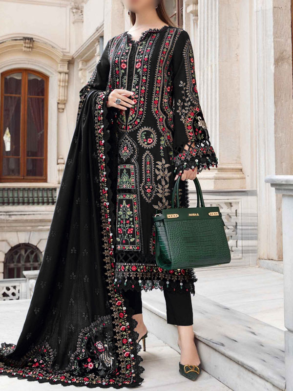 Cotton Heavy Embroidered Dress With Chiffon Embroidered Dupatta Plain Trouser (Unstitched) (DRL-2234)