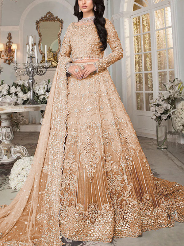 Luxurious 3D FULL Handwork (5000+ Pearls Use) & Heavy Embroidered Net Wedding Maxi Dress (CHI-936)