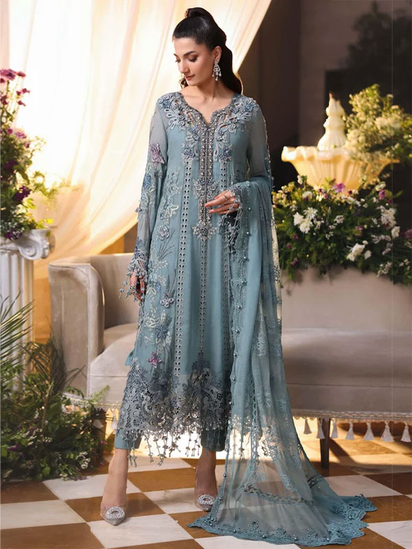 Luxurious Heavy Embroidered Dusty Blue Chiffon Wedding Dress 2026 with Handcrafted Detailing (Unstitched) (CHI-1110)