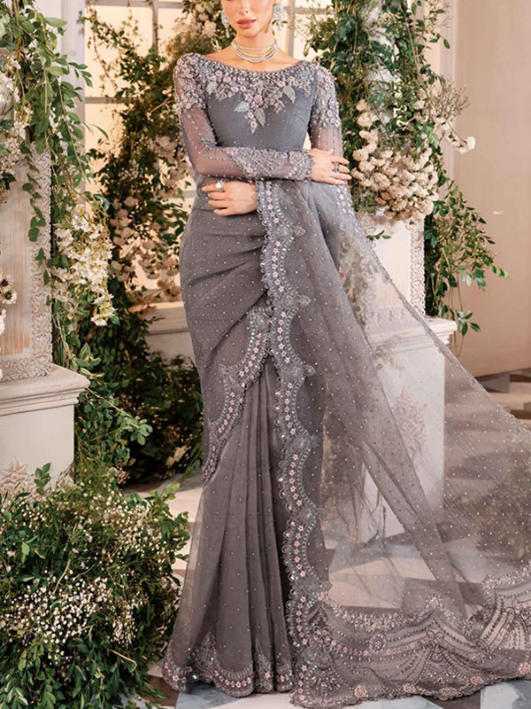 Luxury 3D Handwork Heavy Embroidered NET Bridal Saree 2024 (Unstitched) (CHI-968)