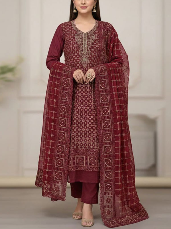 Luxury Cotton Sequence Embroidered Dress With Chiffon Sequence Embroidered Dupatta (Unstitched) (DRL-2348)