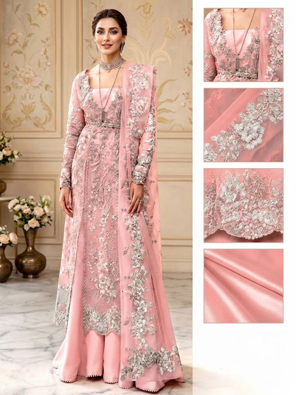 Elegant Luxury Embroidered & 3D Flower Hand Embellished Peach Organza Wedding Dress With Embroidery NET Dupatta (Unstitched) (CHI-1139)