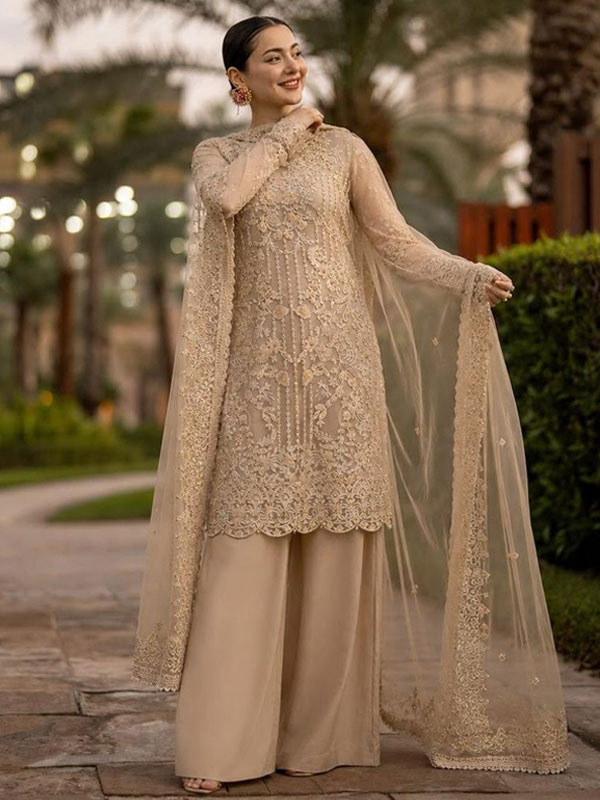 Luxury Embroidered Beige Organza Wedding Dress with Rich Embellishments for Brides & Formal Events (Unstitched) (DRL-2483)