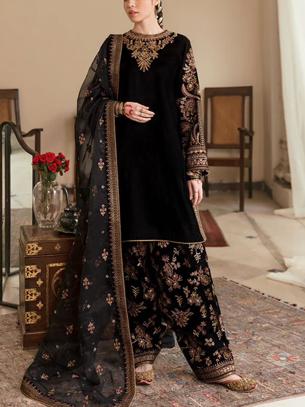 Luxury Embroidered Black Velvet Wedding Dress 2024 (Unstitched) (CHI-931)