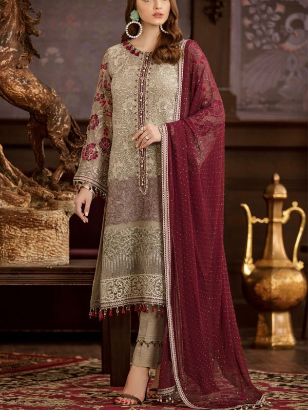 Luxury Embroidered Chiffon Wedding Dress with Four Side Embroidered Dupatta (CHI-475)