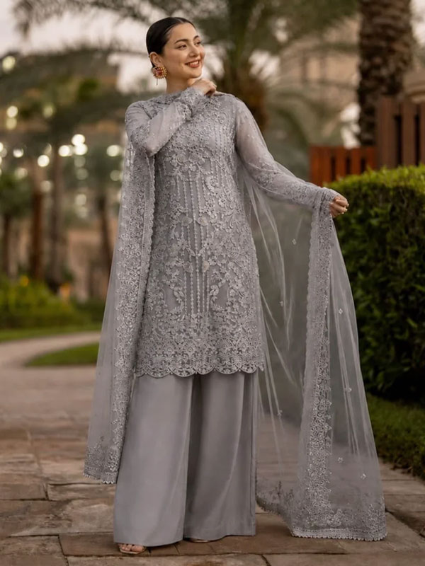 Glamorous Grey Organza Heavy Handwork Embroidere Wedding Dress & Party Wear Dress(Unstitched) (CHI-1129)