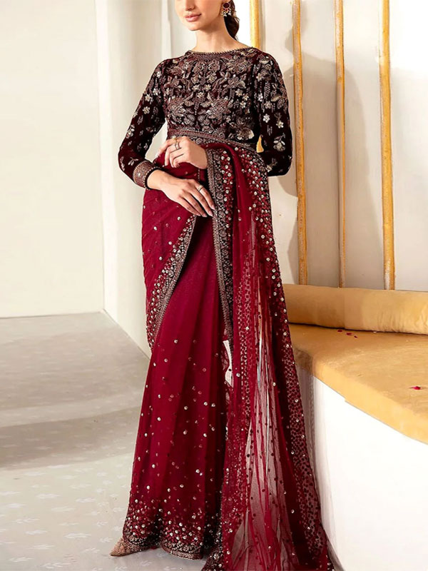 Luxury Heavy Embroidered Velvet + NET Bridal Saree (Unstitched) (CHI-985)