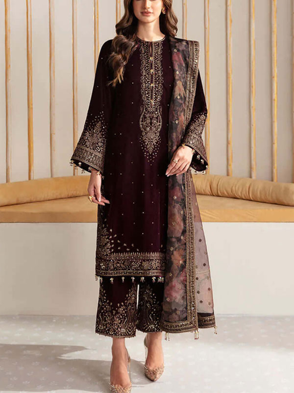 Luxury Heavy Embroidered Velvet Wedding Dress with Emb. Silk Trouser (CHI-934)