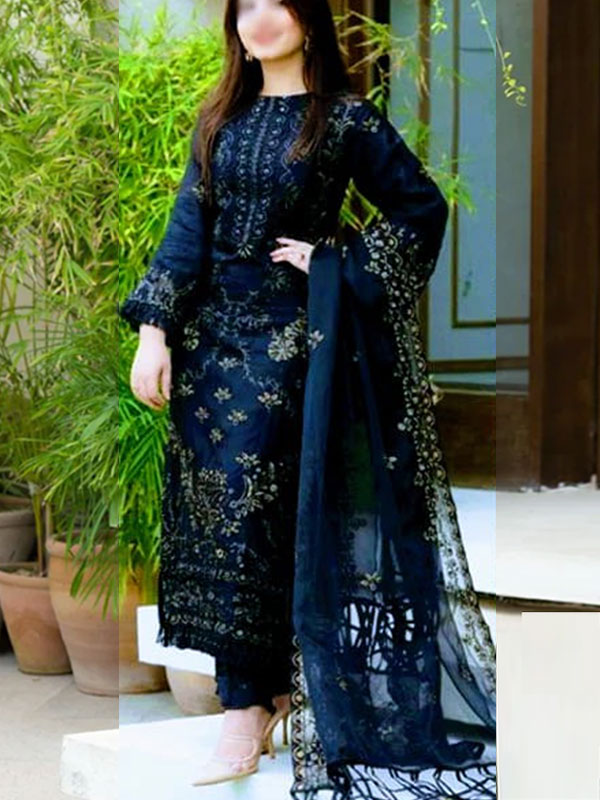 Neavy Blue Lawn Cotton Heavy Embroidered Dress With Bamber Chiffon Embroidered Dupatta 3 Pec Suite (UnStitched) (DRL-1808)