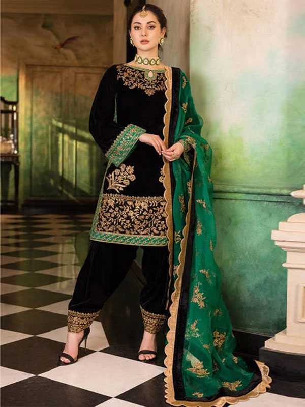 Luxury Velvet Heavy Embroidered Dress With 4-Sided NET Embroidered Dupatta (Unstitched) (CHI-1152)