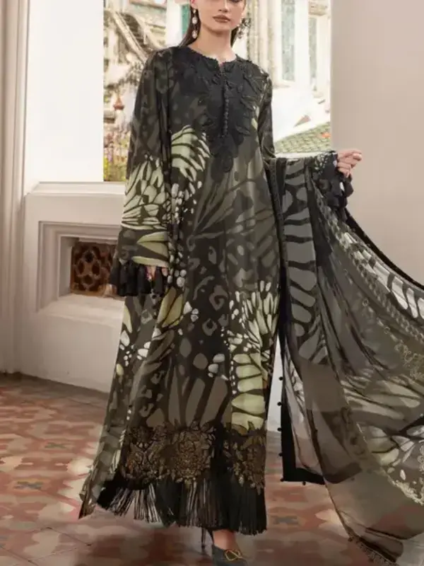 MARIA B Luxury Printed Lawn Embroidered Dress with 4-Sided Embroidered Chiffon Dupatta (DRL-2383)