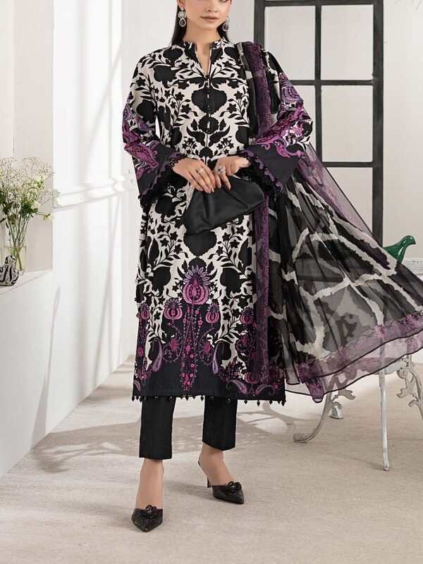 MARIA B Luxury Printed Lawn Embroidered Dress with 4-Sided Embroidered Chiffon Dupatta (Unstitched) (DRL-2404)