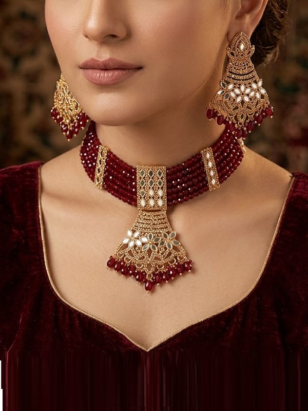 Maroon Choker Jewelry Set with Earrings & Bindia (ZV:141138)