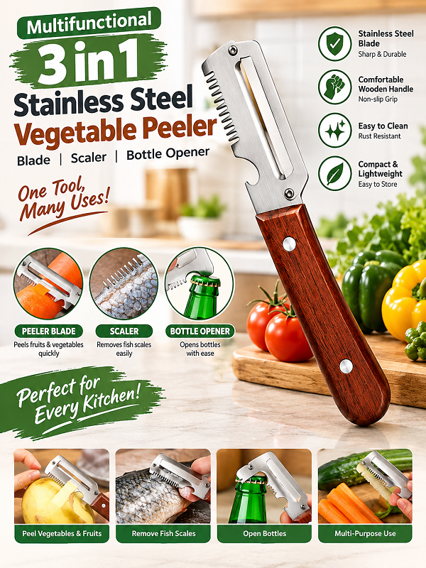 Multifunctional 3 in 1 Stainless Steel Vegetable Peeler – Blade, Scaler & Bottle Opener