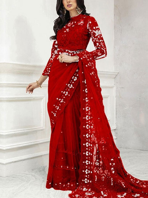 Net Full Heavy Embroidered Saree (Unstitched) (CHI-876)