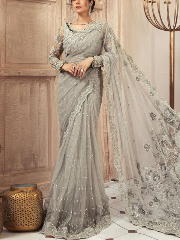 Net Full Heavy Embroidered Saree (Unstitched) (CHI-877)