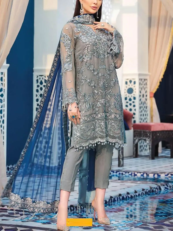 NET Heavy Embroidered Wedding Dress Embroidered Net Dupatta with Hanging Tassels (CHI-488)