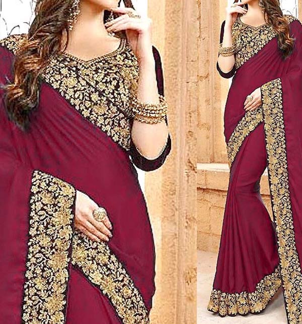 Chiffon Saree Full Heavy Embroidered Maroon Color (CHI-518)