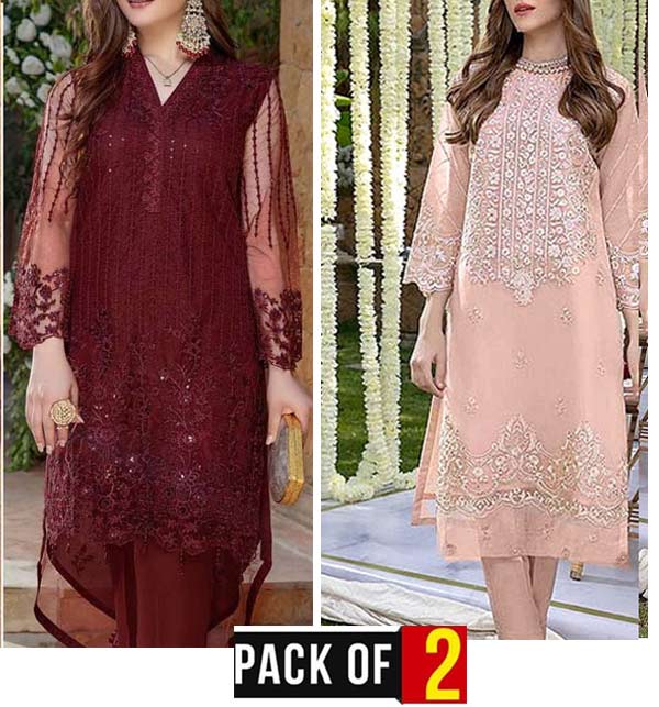 Pack of 2 Net Full Heavy Embroidery 2 Pec Party Wear Dress Sale 2024 (Deal-73)