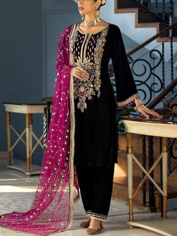 Velvet Heavy Embroidered Dress With Heavy Embroidered Dupatta 4 sided Borders (Unstitched) (CHI-930)