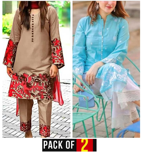 Pack of 2 - Lawn Full Heavy Embroidered 2 PCs Dress (Unstitched) (Deal-90)