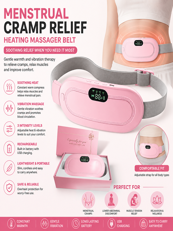 Period Cramp Relief Belt – Portable Electric Menstrual Heating Pad Massager