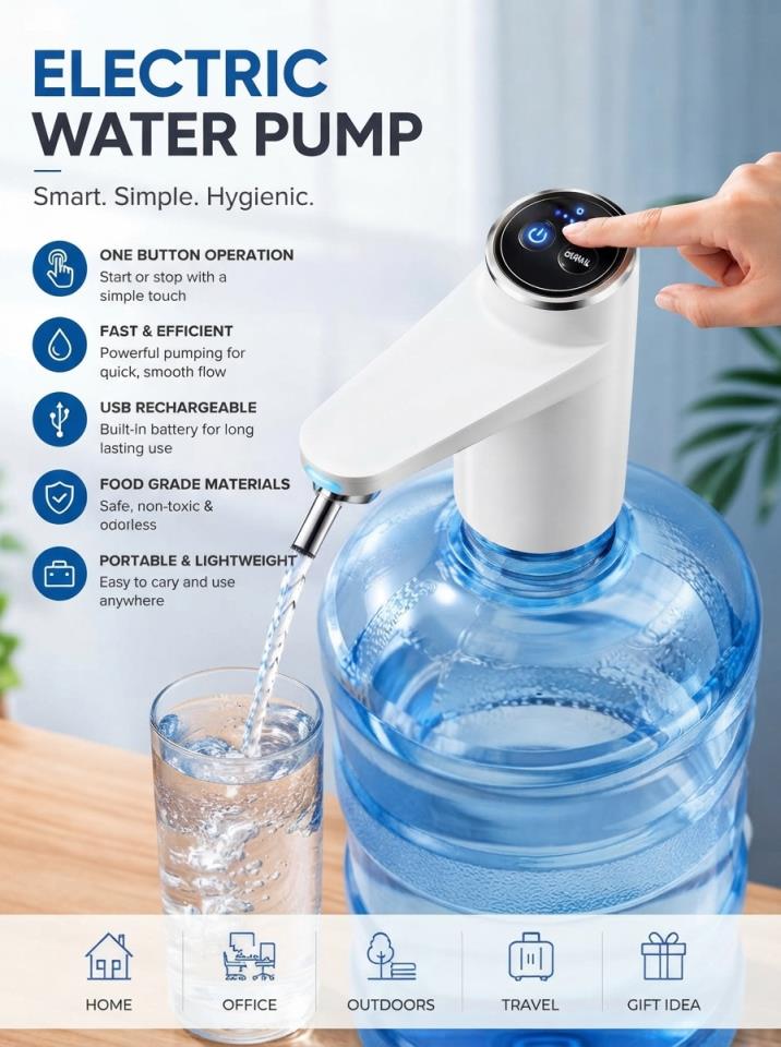 Portable Electric Water Bottle Dispenser Pump – USB Rechargeable, Smart & Hygienic